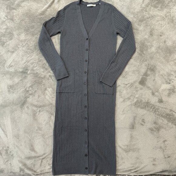Vince 100% Cashmere Duster Cardigan Midi Dress Women's LARGE Gray Ribbed Knit - Picture 1 of 6